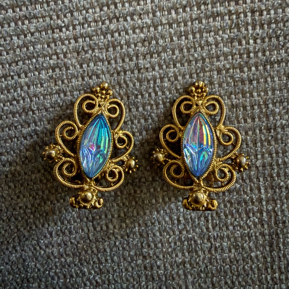 Vintage Aurora Borealis Filigree Statement Earrings – 1960s Baroque Glam